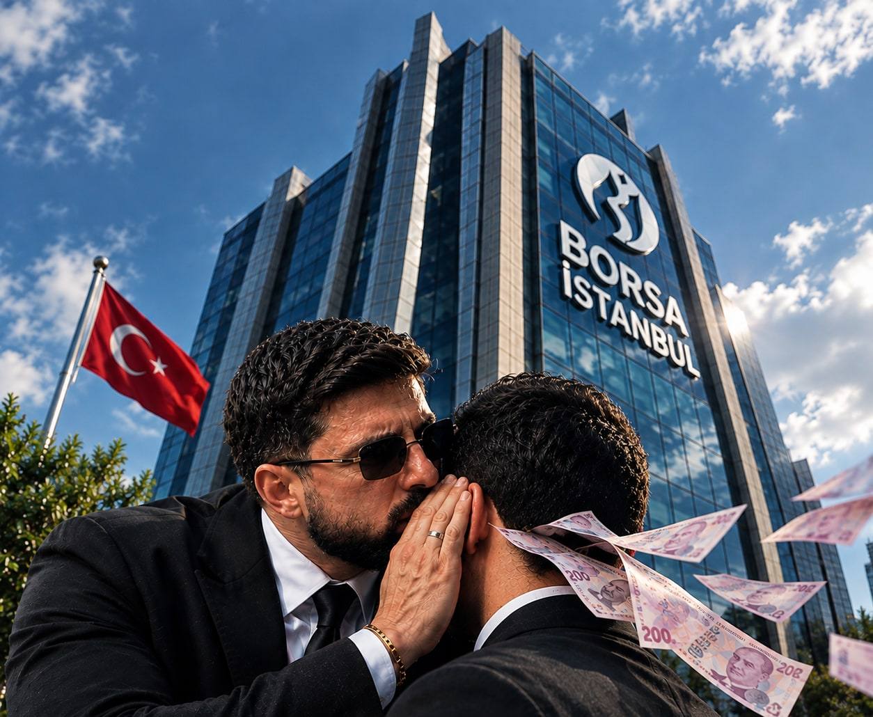 Borsa İstanbul binası önünde birinin kulağına fısıldayan takım elbiseli adam