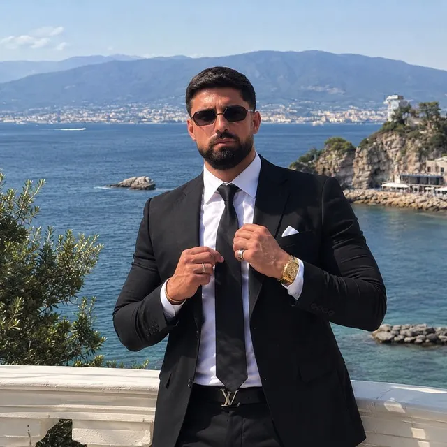 Naim Aslan siyah takım elbiseyle deniz kenarında